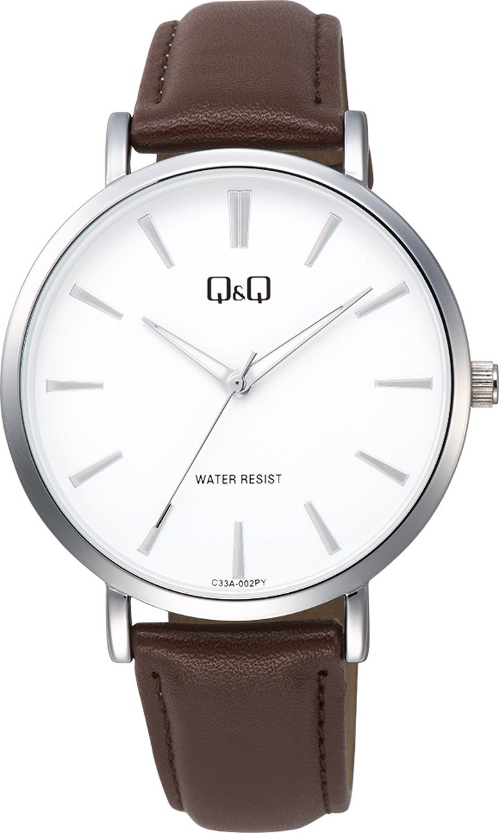 QQ C33A-002PY - Horloge - Analoog - Heren - Mannen - Leren band - Rond - Metaal - Streepjes - Bruin - Zilverkleurig - Wit - 3 ATM