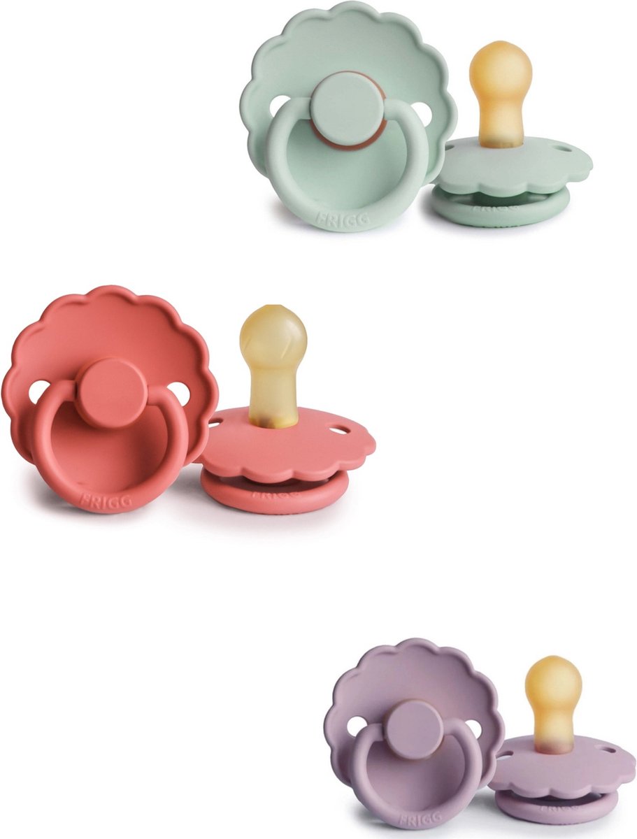 Goedkoopste FRIGG DAISY Fopspeen set 3 stuks Seafoam,poppy en Heather 6-18 maand maat 2