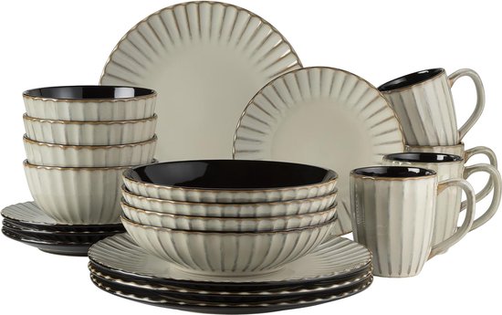 MÄSER 931965 Série Confino Service de table pour 4 personnes au look vintage moderne 12 pièces en céramique beige avec accents noirs