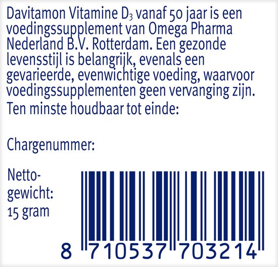 Davitamon Vitamine D 50+. Barcode met netto gewicht 15 gram.
