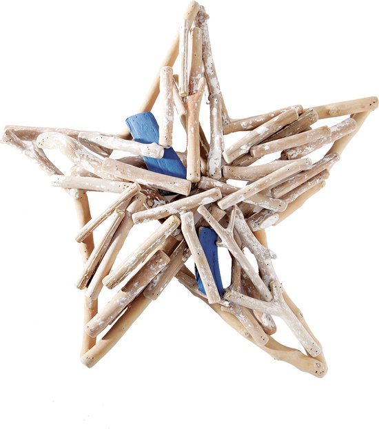 Decoratieve ster in crème en blauw gedroogd hout D47