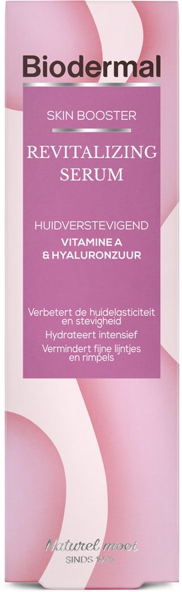 Roze verpakking van Biodermal Skin Booster Revitalizing Serum met abstracte roze cirkels. Bevat vitamine A & hyaluronzuur.