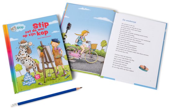 Twee open kinderboeken, het linkse boek toont een meisje dat schildert, de rechter toont een meisje op een fiets.