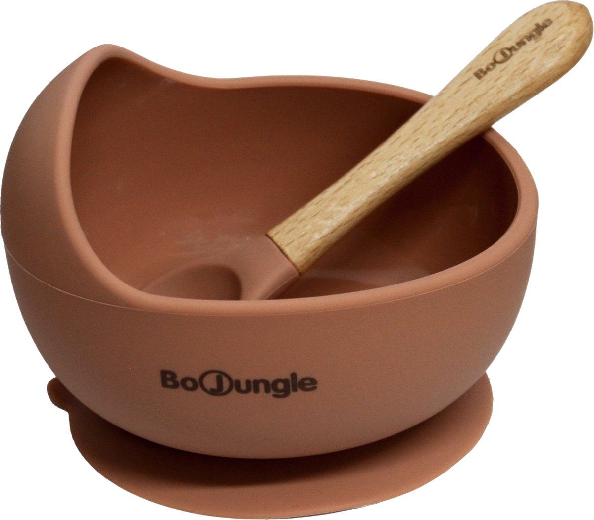Bo Jungle -Sicilone kinderservies - Kommentje met zuignap - Houten lepel met silicone tip - Suction Bowl Terracotta