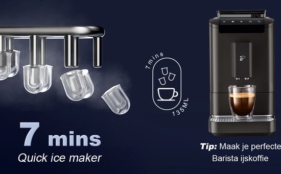 Schematische weergave van snel ijs maken, met koffiezetapparaat en glas espresso.