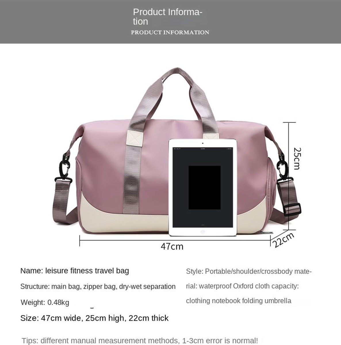 Sporttas Dames en Heren Reistas met Schoenenvak Natte Tas, Weekendtas Fitnesstas Waterdicht Groot Gym Bag Handbagage Travel Bag Boodschappentas Duffelbag voor Sport/Fitness/Outdoor, Lichtblauw thumbnail 4
