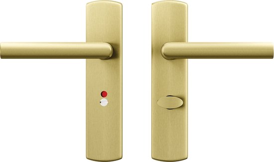 Twee gouden deurkrukken, één met rode en witte indicatoren, de ander met een ovaal gat.