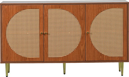 Sweiko Kast met 3 rotan decoratieve deuren, vijf emmerkast met metalen handvatten, geschikt voor slaapkamers, woonkamer, kantoren, walnoothout 129.8x40x76cm