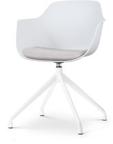 Chaise de salle à manger pivotante Nolon Nola blanche avec accoudoirs et coussin d'assise beige - base blanche