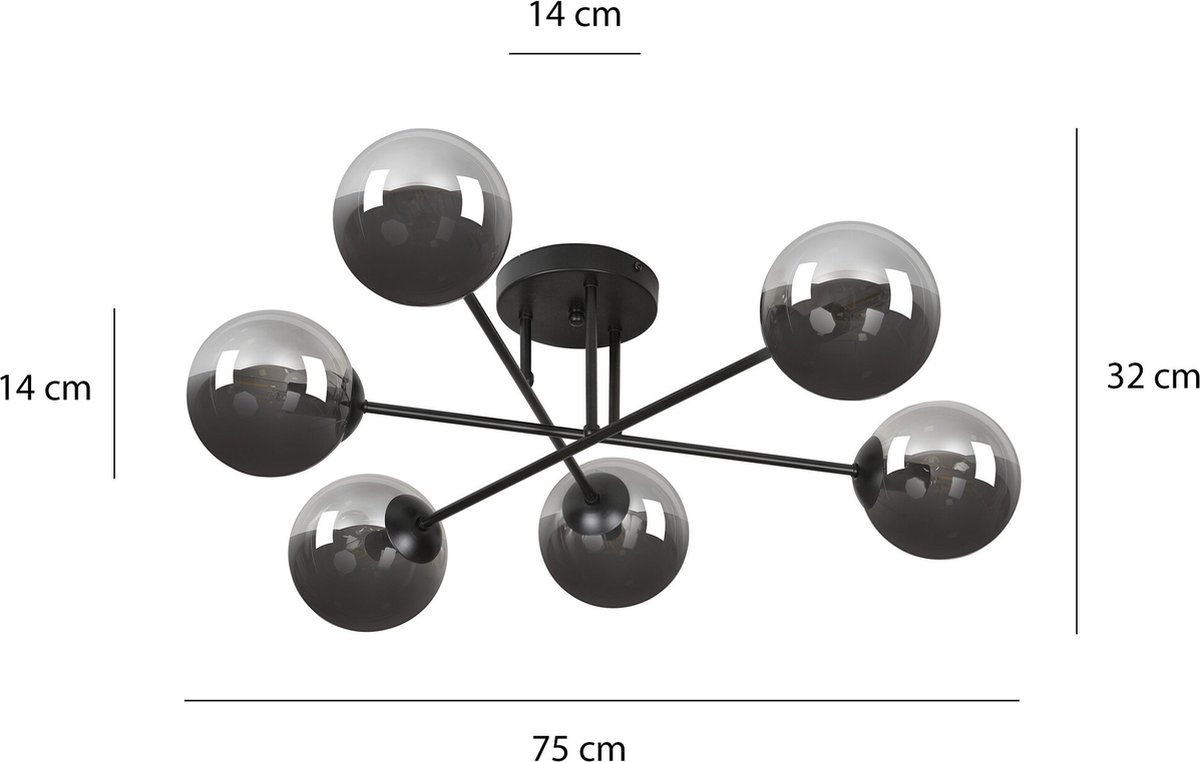 Emibig Kangasala ronde speelse 6L plafondlamp zwart met gerookte glas bollen E14 - Perfect voor sfeervolle verlichting in elke ruimte