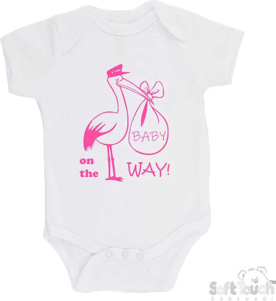 100% katoenen Romper Aankondiging Zwangerschap "Baby on the way"! 2.0" Ooievaar Meisjes Katoen Wit/roze Maat 62/68