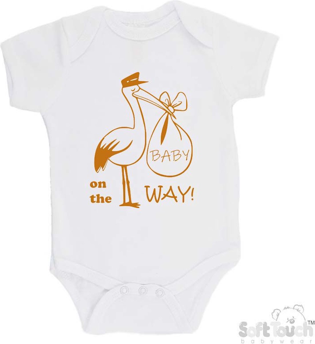 100% katoenen Romper Aankondiging Zwangerschap "Baby on the way"! 2.0" Ooievaar Unisex Katoen Wit/tan Maat 56/62