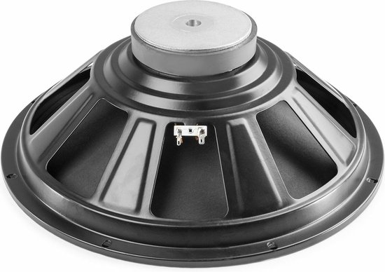 Zwarte luidsprekerchassis met een metalen magneet en terminals.