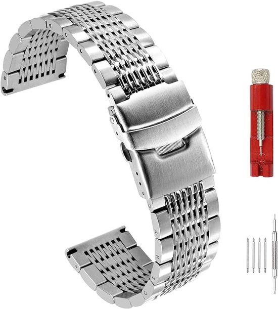 Bracelet de montre 22 mm en acier inoxydable – Bracelet de montre en maille – Avec ensemble d'outils complet – Bracelet de montre solide – Acier inoxydable