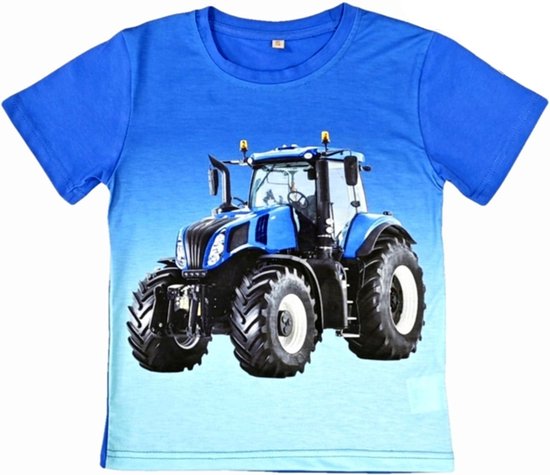 T-shirt avec tracteur, tracteur, bleu, impression en couleur, enfants, taille 98/104, cool, belle qualité !