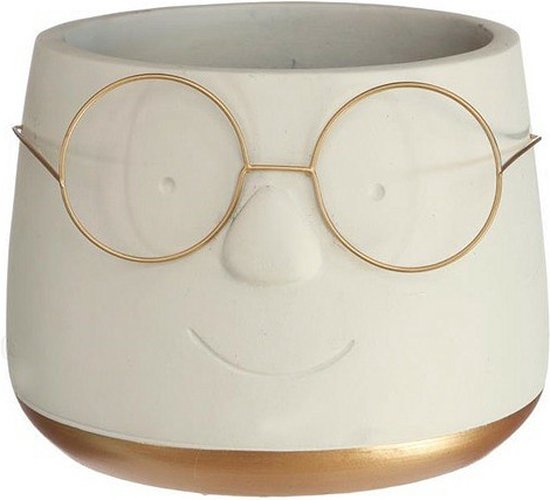 Witte pot met gezicht, gouden rand en bril.