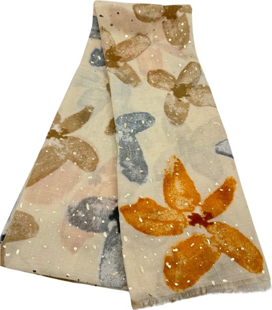 Lente en Zomer Sjaal - Scarf - Dames sjaal - Beige met oranje bloemen, donkerblauw en bruin