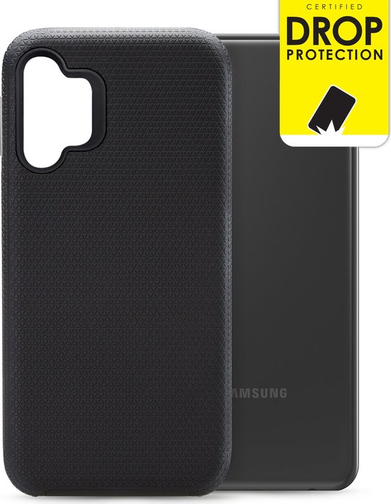 Coque de téléphone noire antichoc avec motif triangulaire et autocollant 'Certified Drop Protection'.