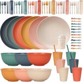 Service de table 66 pièces - Réutilisable pour 6 personnes - Service de table de camping - Vaisselle en plastique - Assiettes, bols, tasses, couverts, baguettes - Vaisselle de pique-nique - Vaisselle en plastique - Léger - Incassable - Coloré