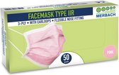 Merbach mondmasker roze 3-lgs IIR oorlus- 500 x 50 stuks voordeelverpakking