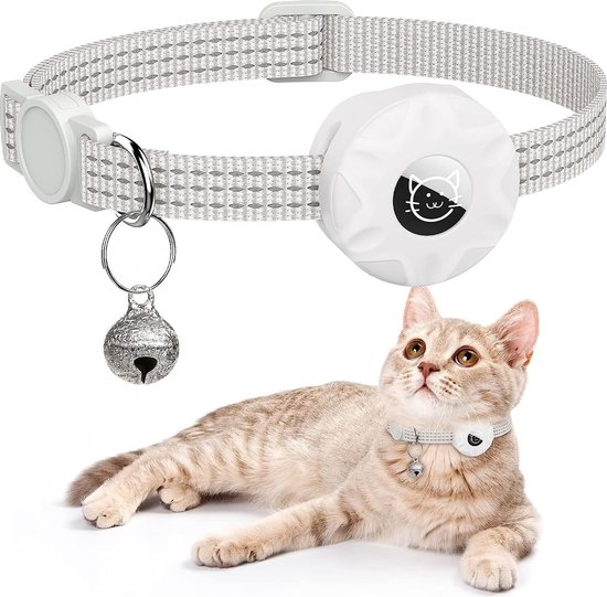 voor AirTag Kattenhalsband, geïntegreerde reflecterende kittenhalsband met AirTaghouder, GPS-kittens en puppy's Kattenhalsband met bel verstelbaar, lichtgewicht tracker kattenhalsbanden voor meisjesjongens en katten, wit - DWENGWUN