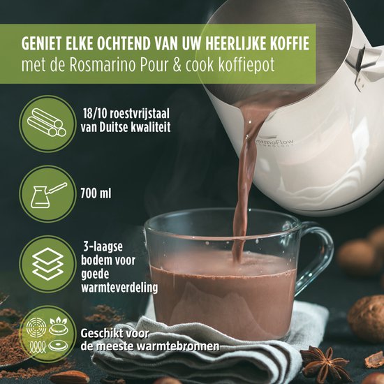 Rosmarino Pour&Cook Melkkannetje Opschuim - Koffiekan - Cezve - Melkkan - Melkopschuinkan - Barista Melkan - Turkse Koffiekan - Melkannetje RVS - 700ML