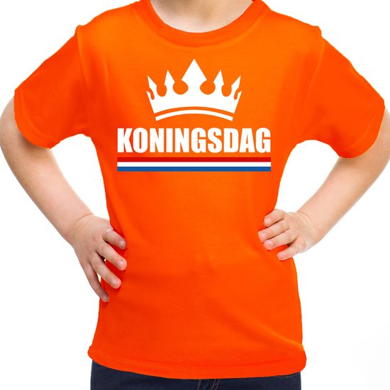 Oranje Koningsdag met een kroon shirt kinderen L (146-152) - Shoppartners