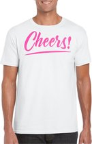 Bellatio Decorations Verkleed T-shirt voor heren - cheers - wit - roze glitter - carnaval M