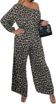 Dilena fashion jumpsuit luipaard panter print cotton off shoulder camel