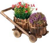 Relaxdays houten kar met 2 bloempotten - rustieke plantenbak - tuindecoratie - binnen