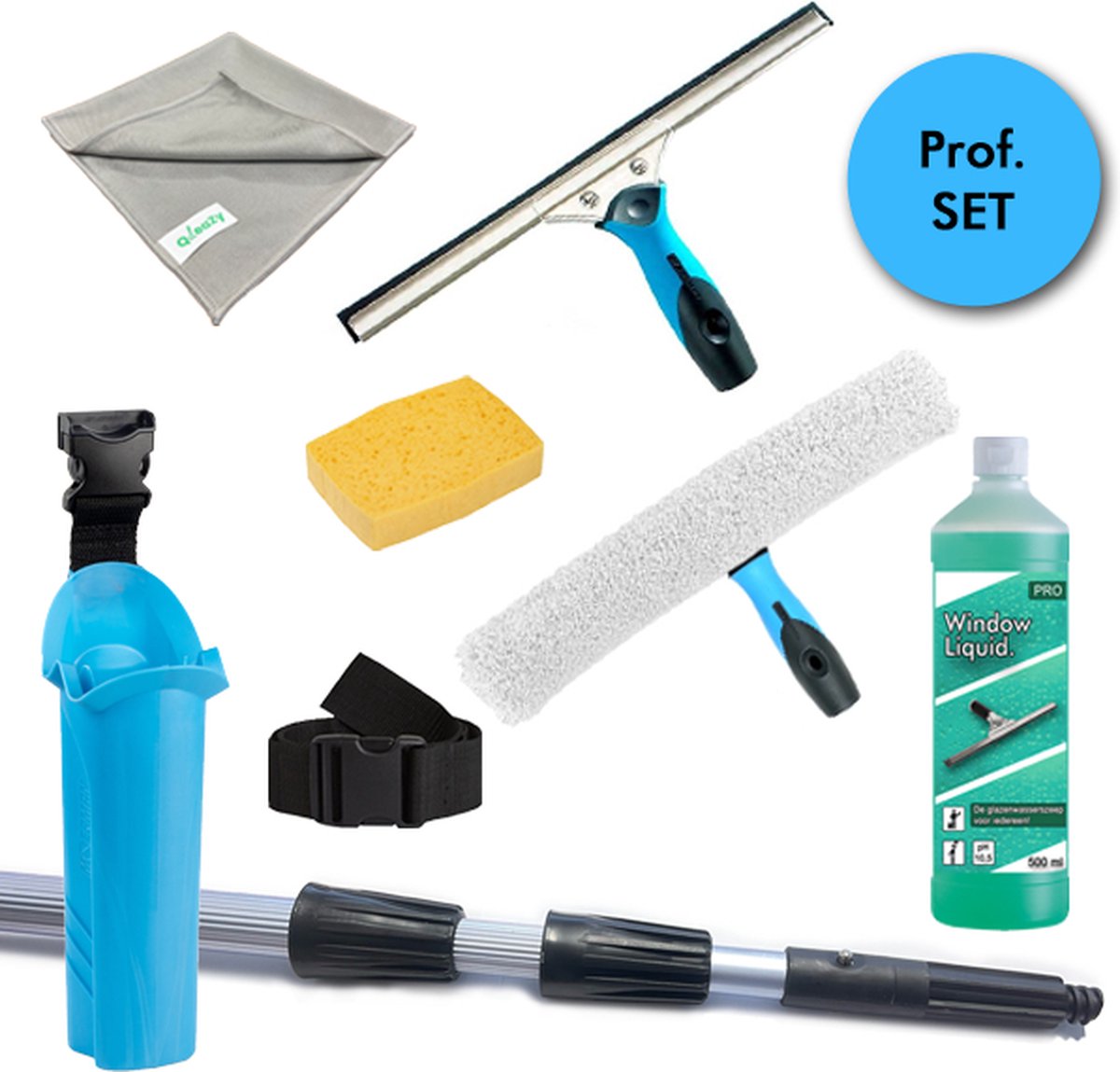 Goedkoopste Moerman Classic RVS All-IN-ONE Professionele Glasreinigingsset - Telescoopsteel 4m, Raamtrekker, Inwasser, Bucket Riem, Glasdoek, Window Liquid. & Azella Spons