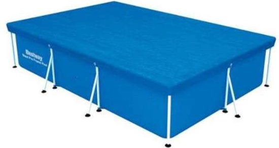 Blauw Bestway Steel Pro Frame Pool afdekzeil op een wit frame.