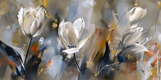 JJ-Art (Aluminium) 100x50 | Bloemen, tulpen, abstract, wit, blauw, bruin, goud, kunst | plant, natuur, panorama, modern | Foto-schilderij op dibond, metaal wanddecoratie