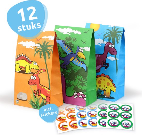 Foto: Isa s friends uitdeelzakjes stickers dino 12 stuks stevig papier traktatie zakjes