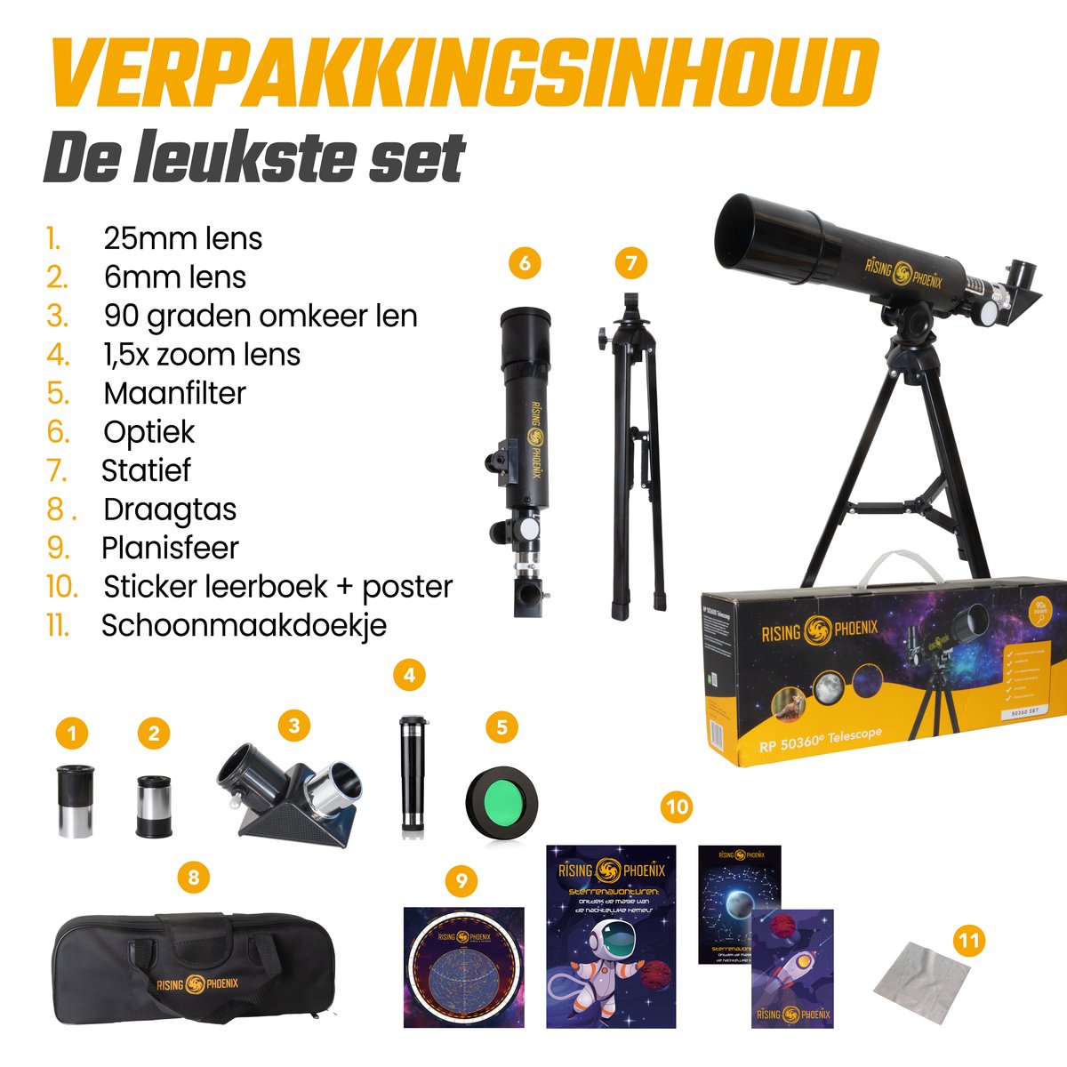 RP® Telescoop 90x Zoom Set - Sterrenkijker Kinderen / Beginners - Verstelbaar Statief - Maanfilter, Planisfeer, Stickerboek — afbeelding 9