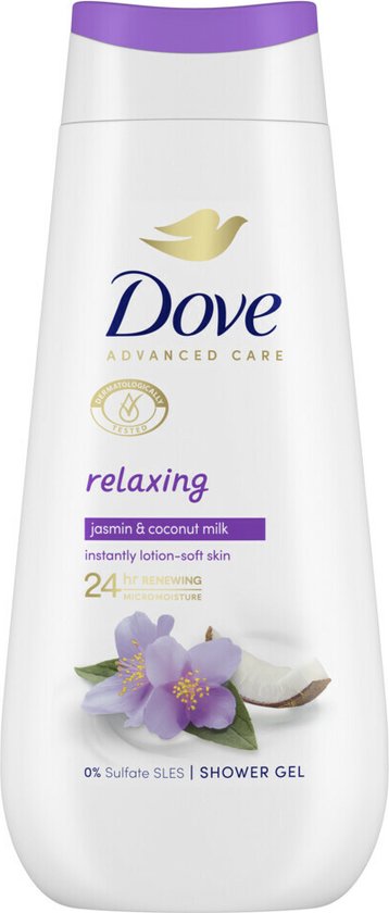 Witte fles Dove douchecrème met paarse dop. Met afbeelding van jasmijn en kokosnoot. "relaxing" staat in roze letters.