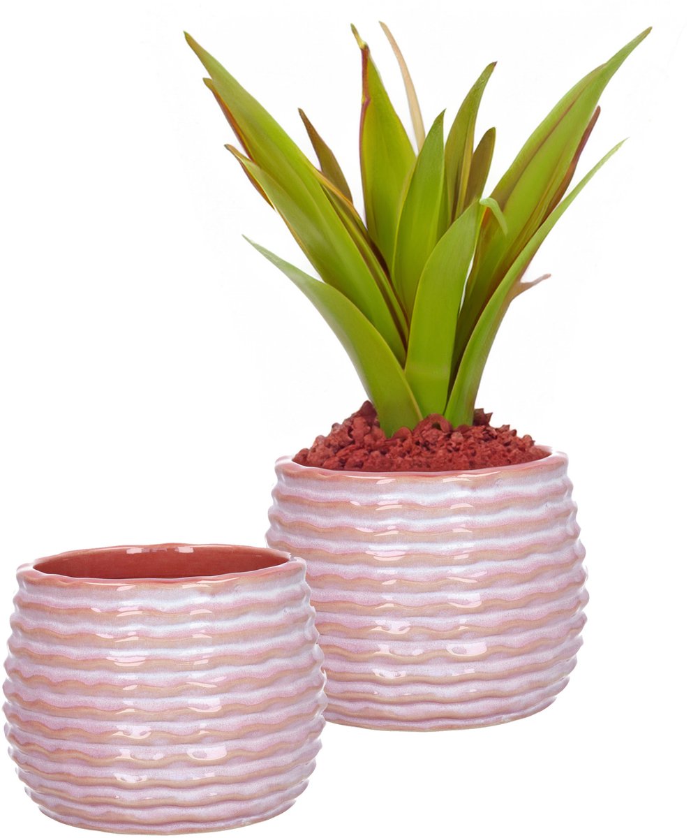 Ideas4seasons Bloempot/plantenpot Rise - 2x - ribbel - zachtroze - voor kamerplant - D14 x H10 cm