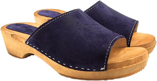 Houten sandalen met suede leren upper - Navy Blue - Maat 38