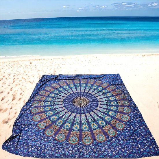 Dunne stranddoeken - 2 persoons strandlaken - Blauw - Mandala - groot strandkleed - katoen/polyester - dun strandlaken