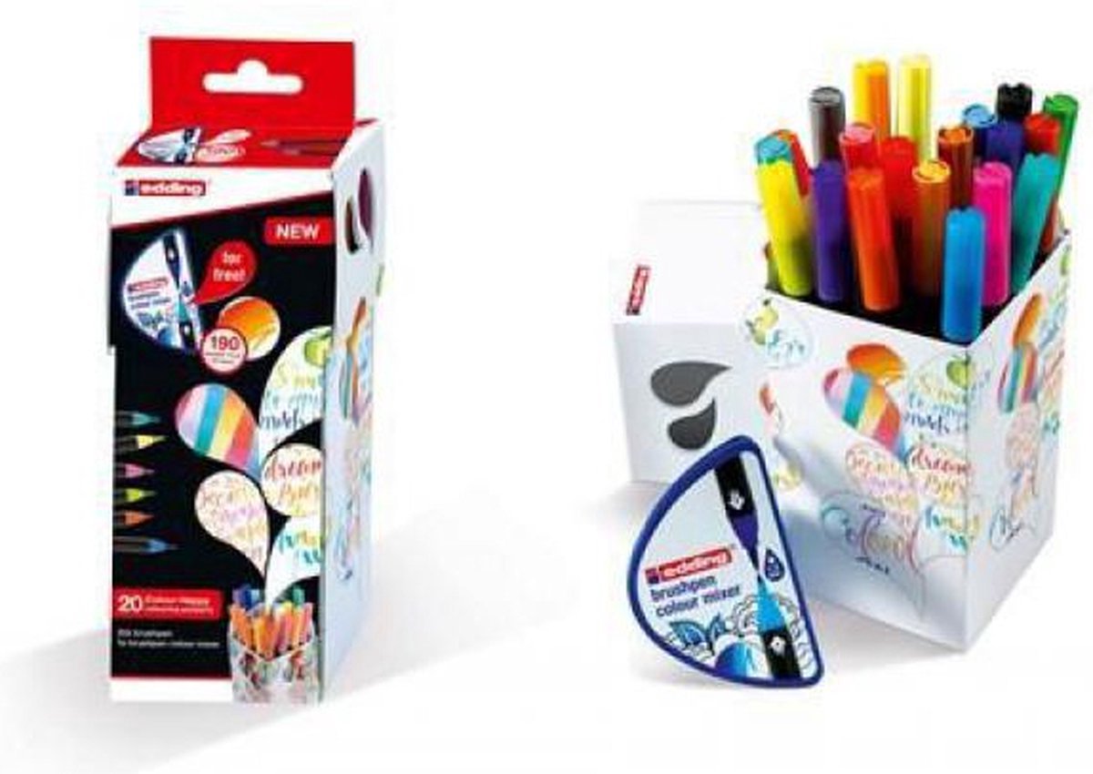 edding colour happy brushpennen assorti box - 20 brushpennen - flexibele penseelvorm - variabele punt - handige doos met 20 stuks brushpennen en een colourmixer — afbeelding 3