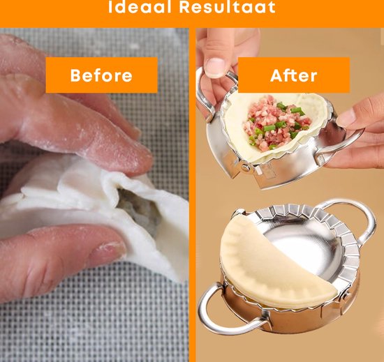 Vergelijking voor en na het maken van dumplings met een YUGN dumplingmaker. De linkerfoto toont het vulproces, de rechter het resultaat.
