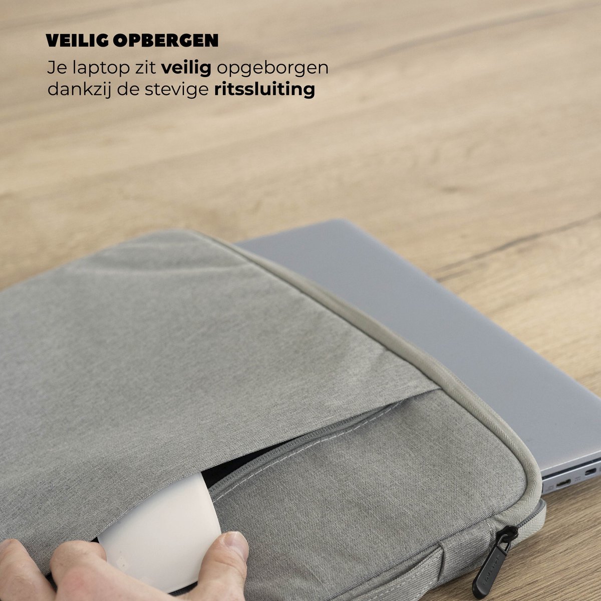 Laptophoes 15,6 inch waterafstotend krasbestendig soft velvet binnenkant dun model grijs met ritssluiting - Afbeelding 4