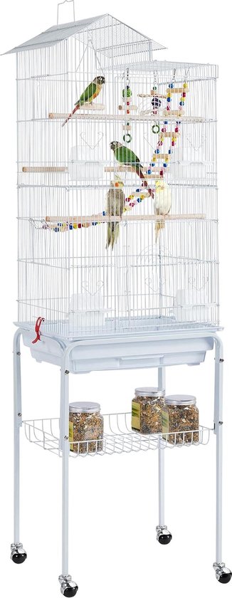 Vogelkooi ,vogelvolière ,parkiet ,kanaries, kooi met standaard 46 x 35,5 x 158,5 cm, 360° draaibare wielen HMTM-BC-10004-Wit
