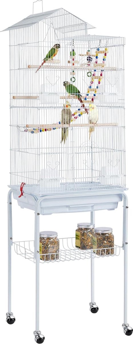 Vogelkooi ,vogelvolière ,parkiet ,kanaries, kooi met standaard 46 x 35,5 x 158,5 cm, 360° draaibare wielen HMTM-BC-10004-Wit