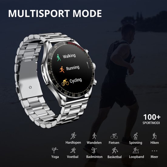 Maoo Titan AMOLED Smartwatch Heren - Stainless Steel en 2 TPU bandjes - Stappenteller - Hartslagmeter - Slaapmonitor - Multisport - Geschikt voor Android en iOS - Zilver