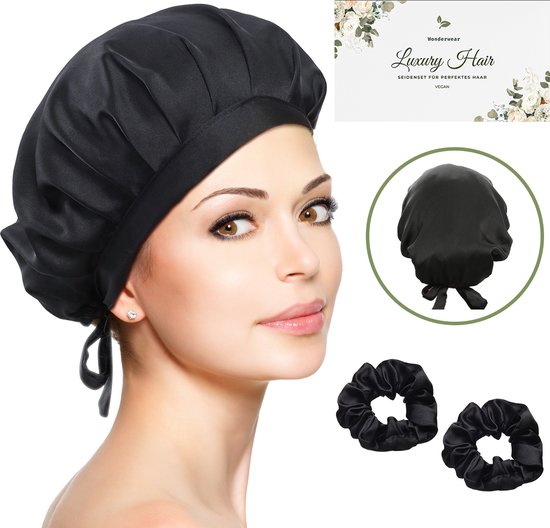 Wonderwear® bonnet satijn uit Nederland - Veganistische Zijden Slaapmuts - Haarnetjes - Verstelbare Bonnet Met Dubbelzijdige Voering - incl. duurzame doos en hoogwaardige haarelastiekjes HET PERFECTE CADEAU