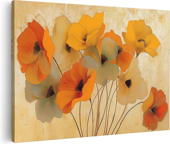 Gros plan d'une toile représentant un bouquet de fleurs orange et jaunes.