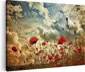Artaza Canvas Schilderij Rode Klaprozen onder een Bewolkte Hemel - 60x40 - Wanddecoratie - Foto Op Canvas - Canvas Print