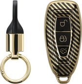 kwmobile autosleutel hoesje met sleutelring - geschikt voor Ford 3-knops autosleutel Keyless Go hoesje - Sleutel case met sleutelhanger - Metallic Carbon design in goud / zwart