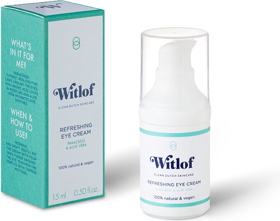 Witlof Refreshing Eye Cream, witte pompflacon met blauwe opdruk: 'Witlof CLEAN DUTCH SKINCARE REFRESHING EYE CREAM PARACRESS & ALOE VERA 100% NATURAL & VEGAN'. Naast de flacon staat de verpakking.